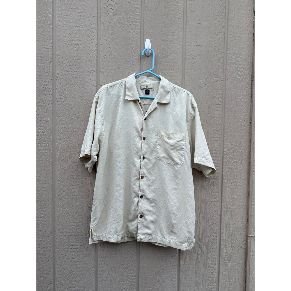 Tommy Bahama Medium Silk Camp Shirt Tropical Embroidered Hotel Paradise Silk
